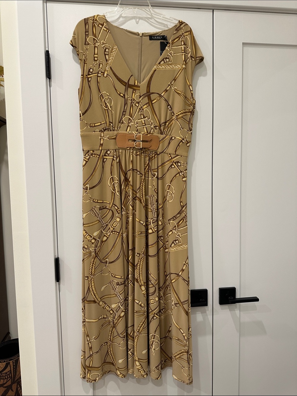 Lauren Ralph Lauren Beige & Tan Printed Belted Midi Dress